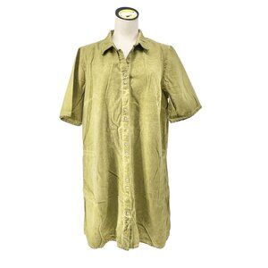 Lori Goldstein LOGO Shirt Dress Womens L Pea Green Button Front Short Sleeve